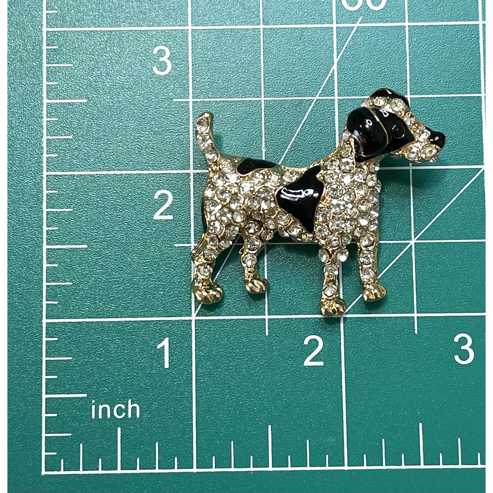 NWOT Dog Puppy Brooch Pin Gold Toned Clear Rhinestone Black Enamel Lapel Pin - Picture 3 of 3